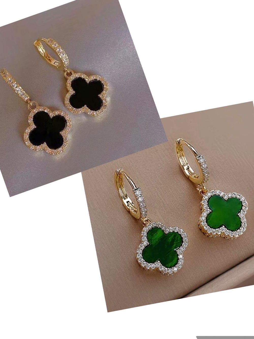 Gold Clover Huggie Drop Earrings with Green and Black Inlay